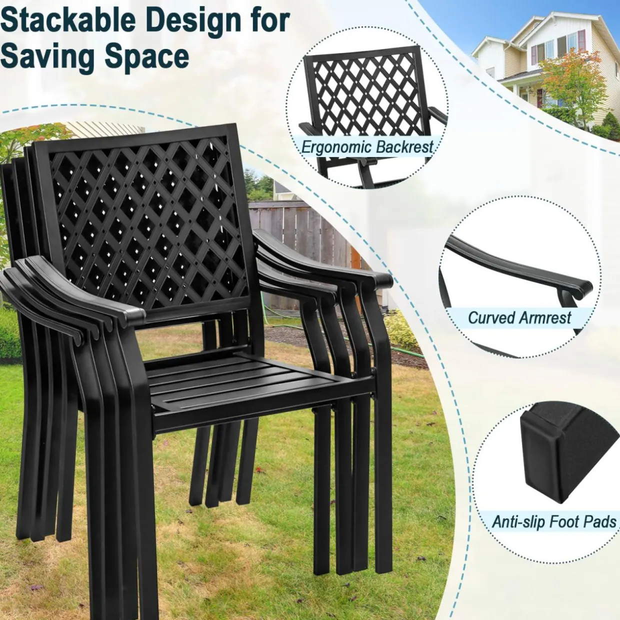 Tangkula 5 Pieces Metal Patio Dining Set, 37" Square Dining Table with 4 Stackable Chairs