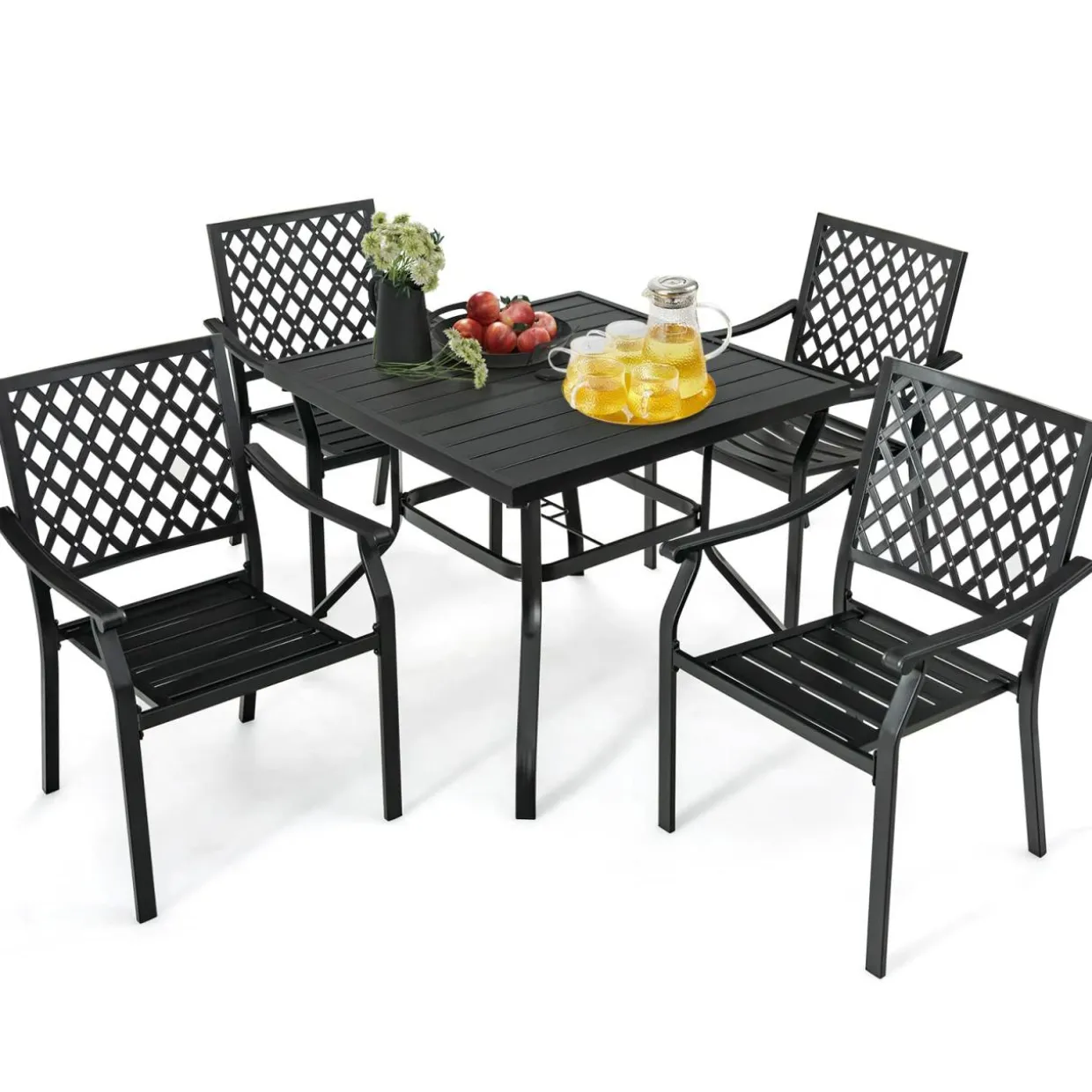 Tangkula 5 Pieces Metal Patio Dining Set, 37" Square Dining Table with 4 Stackable Chairs