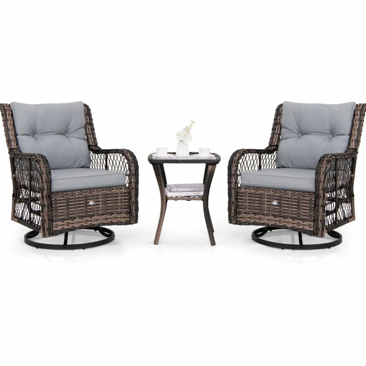 Tangkula 3 Pieces Outdoor Swivel Rocker Set, Rattan Wicker Patio Rocking Cushioned Chairs Set of 2 with Small Side Table