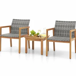 Tangkula 3 Pieces Outdoor Furniture Set, Acacia Wood Frame Sofa Set w/Rattan Seat & Back