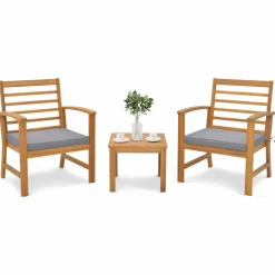 Tangkula 3 Pieces Outdoor Furniture Set, Acacia Wood Conversation Set with Soft Seat Cushions