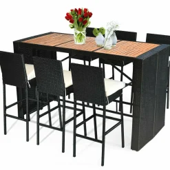 Tangkula 7 Pieces Outdoor Wicker Bar Set, Rattan Dining Set