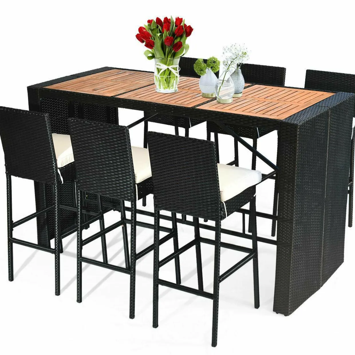Tangkula 7 Pieces Outdoor Wicker Bar Set, Rattan Dining Set