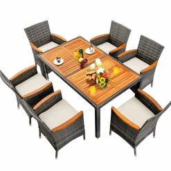 Tangkula 7 Pieces Outdoor Dining Furniture Set, Patio Rattan Conversation Set with Spacious Acacia Wood Table, 6 Chairs with Widened Armrests