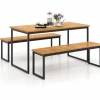 Tangkula 3 Pieces Outdoor Dining Set for 6 People, 55 inch Rectangle Patio Table & 2 Benches with Acacia Wood Tabletop