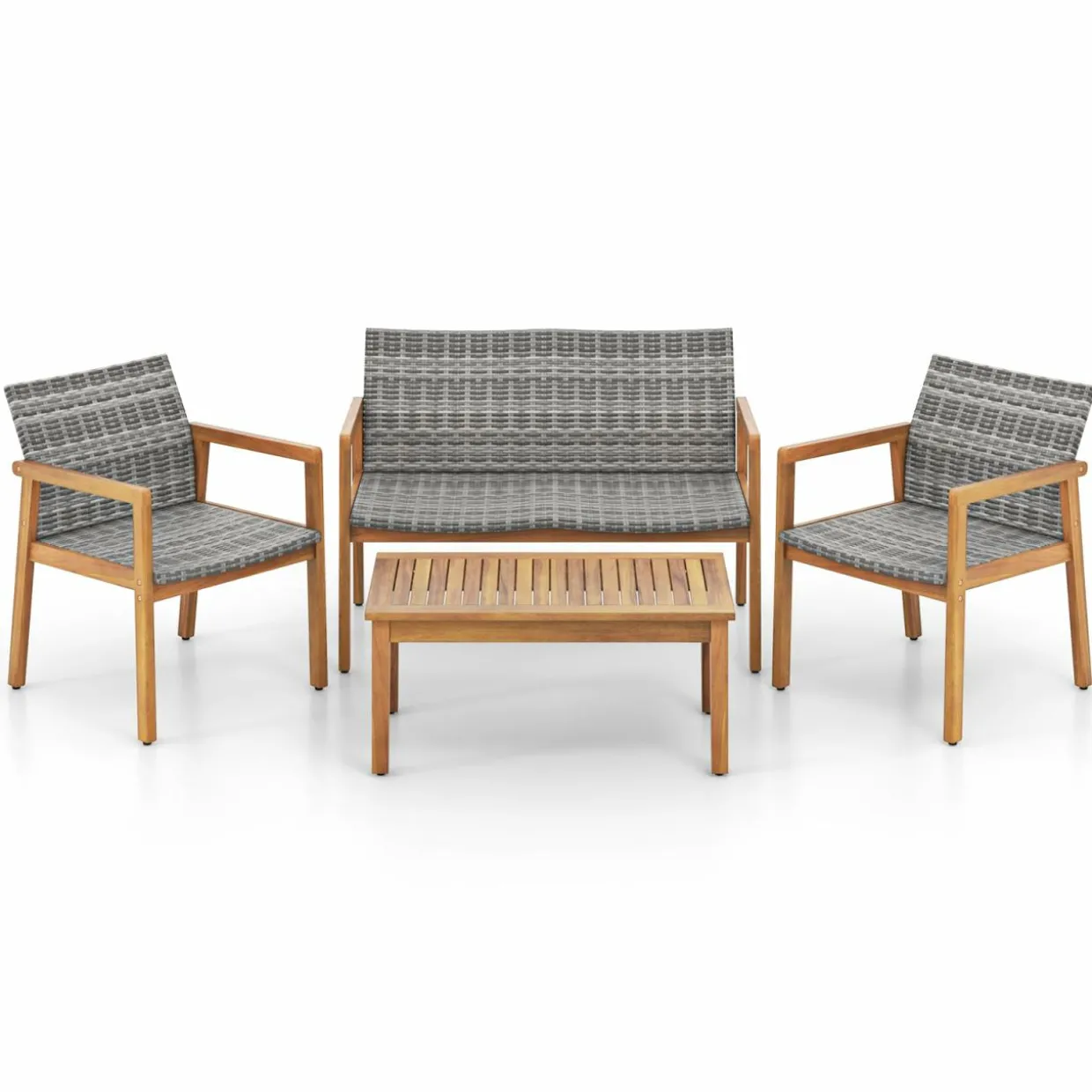 Tangkula 4 Pieces Outdoor Furniture Set, Acacia Wood Frame Sofa Set w/Rattan Seat & Back