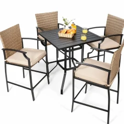 Tangkula 5 Pieces Outdoor Patio Bar Set, Rattan Bistro Set W/ 4 Wicker Bar Stools & 1 Bar Table