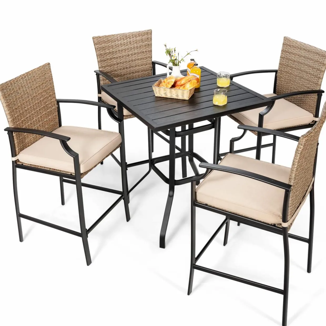 Tangkula 5 Pieces Outdoor Patio Bar Set, Rattan Bistro Set W/ 4 Wicker Bar Stools & 1 Bar Table