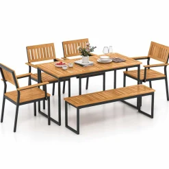 Tangkula 6 Pieces Outdoor Acacia Wood Dining Set, Patio Table and Chairs Set with Bench for 6-7 People