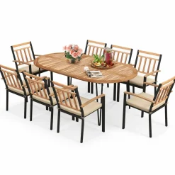 Tangkula 9 Pieces Outdoor Dining Set, Patio Furniture Set with Acacia Wood Top & Umbrella Hole, Metal Frame