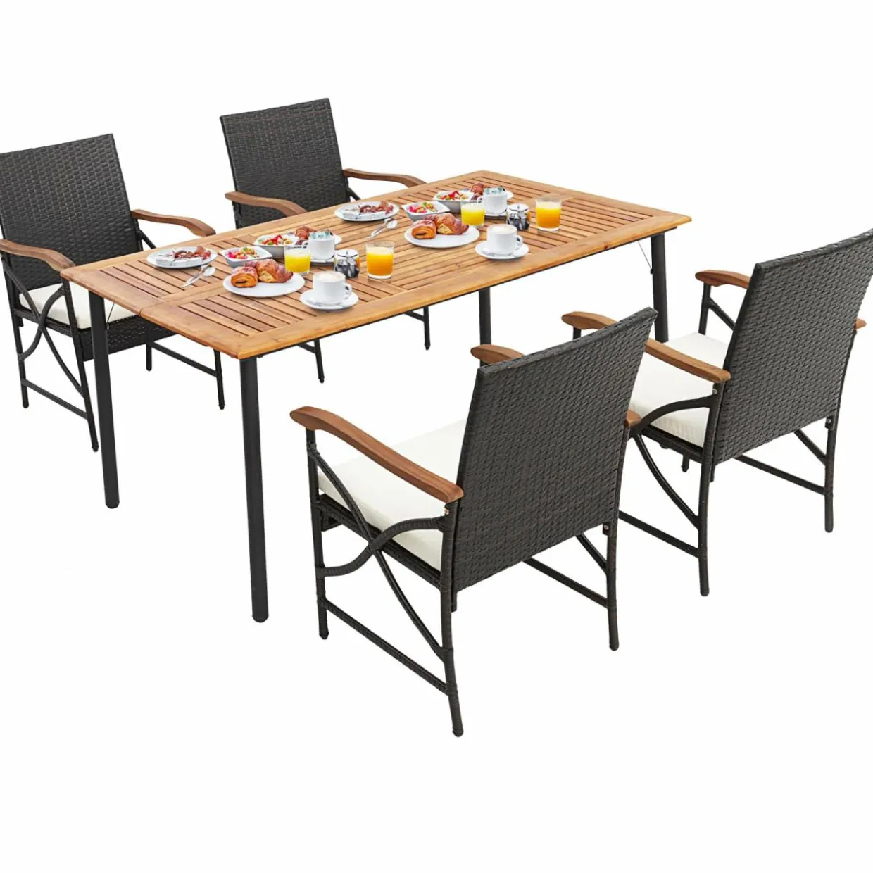 Tangkula 5 Pieces Outdoor Dining Set with Acacia Wood Table & 4 Wicker Rattan Armrest Chairs