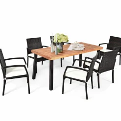 Tangkula 7 Pieces Outdoor Dining Set, Acacia Wood Patio Dining Table w/ 6 Cushioned Rattan Armrest Chairs