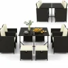 Tangkula 9 Pieces Outdoor Dining Furniture Set, Space-Saving Wicker Rattan Chairs & Tempered Glass Table with Ottomans