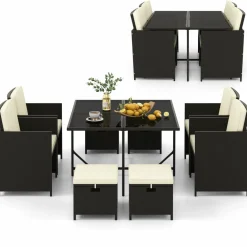 Tangkula 9 Pieces Outdoor Dining Furniture Set, Space-Saving Wicker Rattan Chairs & Tempered Glass Table with Ottomans