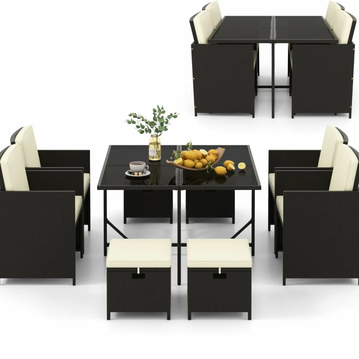 Tangkula 9 Pieces Outdoor Dining Furniture Set, Space-Saving Wicker Rattan Chairs & Tempered Glass Table with Ottomans