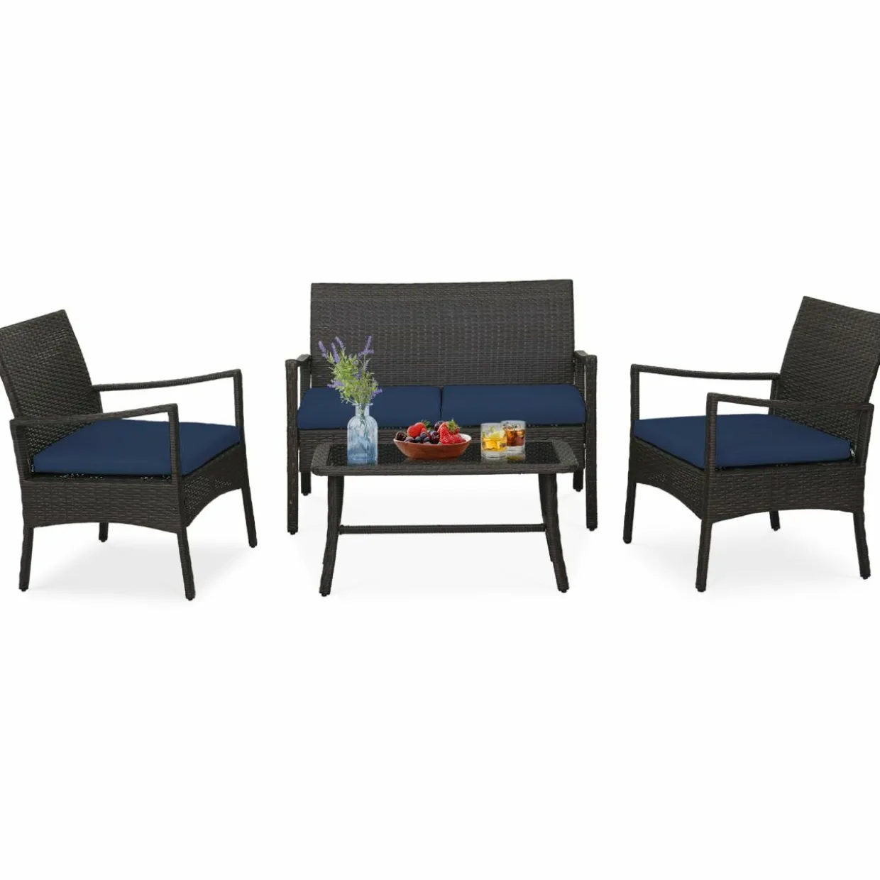 Tangkula 4 Pieces Outdoor Conversation Set, Patio PE Wicker Sofa with Tempered Glass Coffee Table