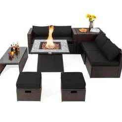 Tangkula 9 Pieces Outdoor Patio Furniture Set with 35-Inch Propane Fire Pit Table