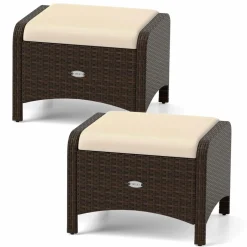 Tangkula 2 Pieces Outdoor Patio PE Wicker Ottomans with Removable Cushions