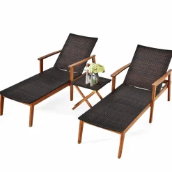 Tangkula 3 Pieces Outdoor Chaise Set, Wicker Rattan Lounge Chair w/Acacia Wood Frame & 4 Adjustable Positions
