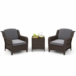 Tangkula 3 Pieces Outdoor Patio Furniture Set, Patiojoy PE Rattan Wicker Chairs with Cushions and Tempered Glass Coffee Table