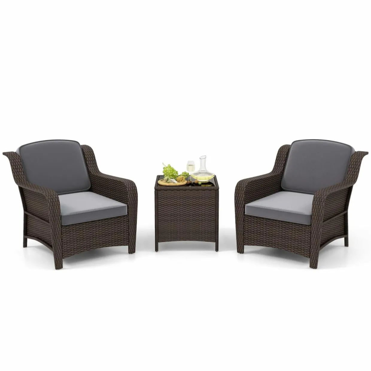 Tangkula 3 Pieces Outdoor Patio Furniture Set, Patiojoy PE Rattan Wicker Chairs with Cushions and Tempered Glass Coffee Table