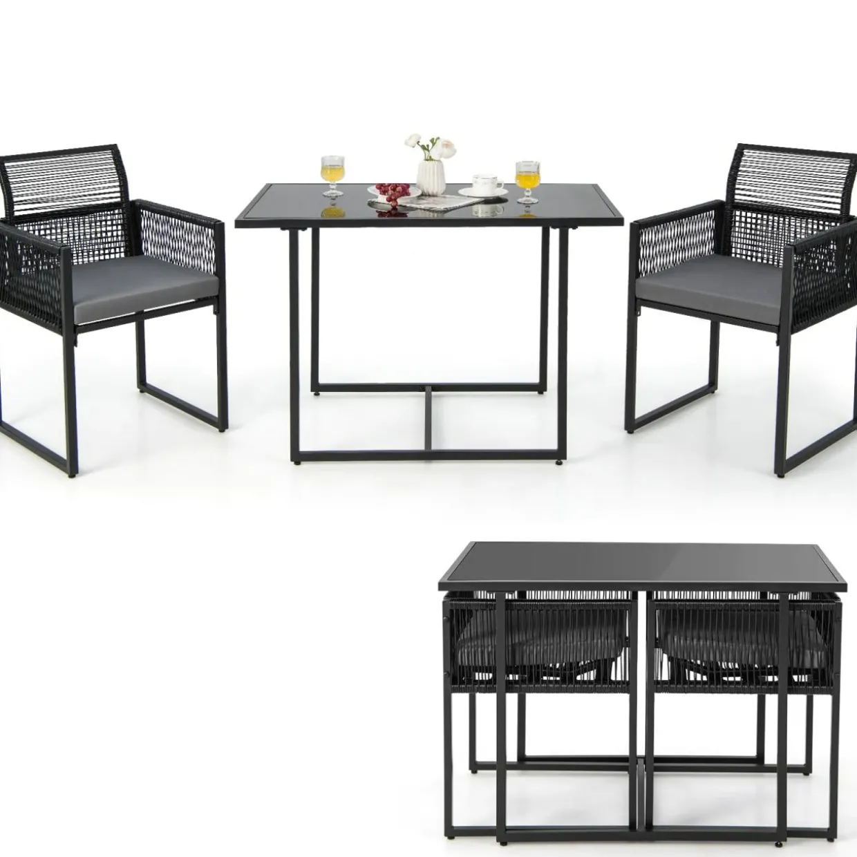 Tangkula 3 Pieces Outdoor Dining Set, Patio PE Rattan Furniture Set