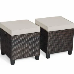 Tangkula 2 Pieces Outdoor Patio Ottoman, All Weather Rattan Wicker Ottoman Seat