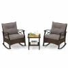 Tangkula 3 Pieces Outdoor Rocking Chairs Set, Rattan Heavy Duty Cushioned Rocker Chairs with 2-Tier Tempered Glass Coffee Table