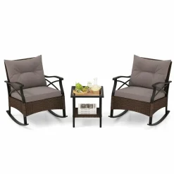 Tangkula 3 Pieces Outdoor Rocking Chairs Set, Rattan Heavy Duty Cushioned Rocker Chairs with 2-Tier Tempered Glass Coffee Table