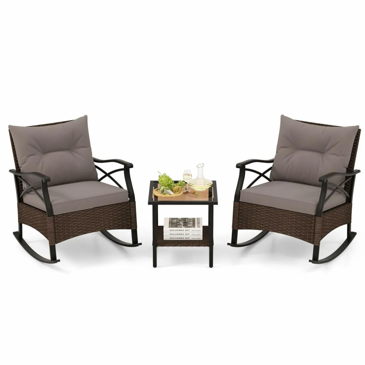 Tangkula 3 Pieces Outdoor Rocking Chairs Set, Rattan Heavy Duty Cushioned Rocker Chairs with 2-Tier Tempered Glass Coffee Table