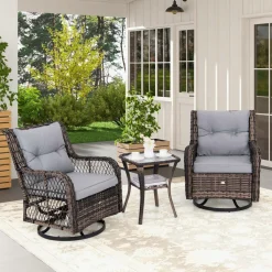 Tangkula 3 Pieces Outdoor Swivel Rocker Set, Rattan Wicker Patio Rocking Cushioned Chairs Set of 2 with Small Side Table