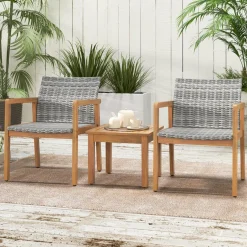 Tangkula 3 Pieces Outdoor Furniture Set, Acacia Wood Frame Sofa Set w/Rattan Seat & Back