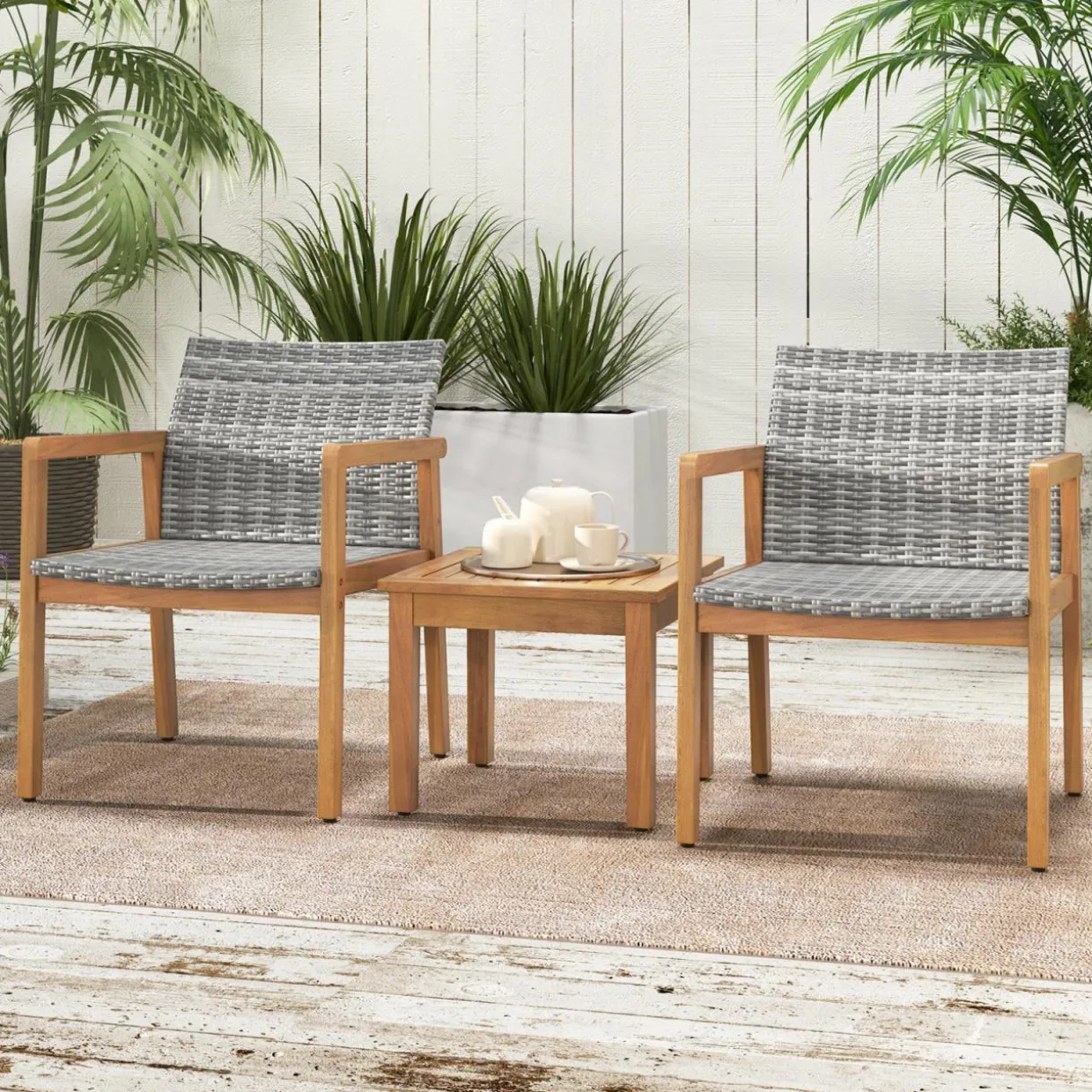 Tangkula 3 Pieces Outdoor Furniture Set, Acacia Wood Frame Sofa Set w/Rattan Seat & Back