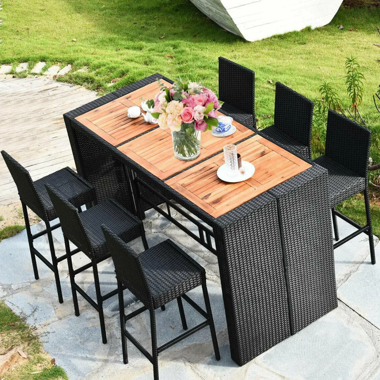 Tangkula 7 Pieces Outdoor Wicker Bar Set, Rattan Dining Set