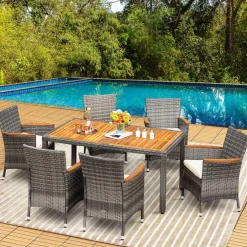 Tangkula 7 Pieces Outdoor Dining Furniture Set, Patio Rattan Conversation Set with Spacious Acacia Wood Table, 6 Chairs with Widened Armrests