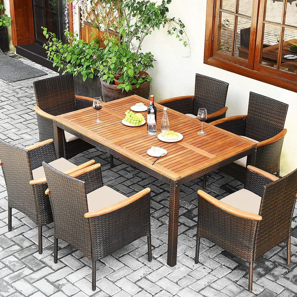 Tangkula 7 Pieces Outdoor Dining Set, Patiojoy Wicker Conversation Set