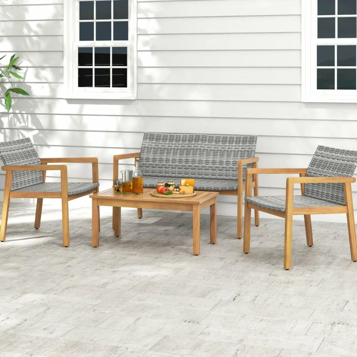 Tangkula 4 Pieces Outdoor Furniture Set, Acacia Wood Frame Sofa Set w/Rattan Seat & Back