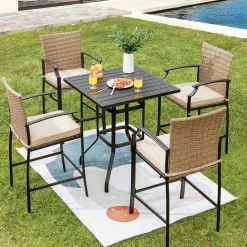 Tangkula 5 Pieces Outdoor Patio Bar Set, Rattan Bistro Set W/ 4 Wicker Bar Stools & 1 Bar Table
