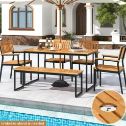 Tangkula 6 Pieces Outdoor Acacia Wood Dining Set, Patio Table and Chairs Set with Bench for 6-7 People