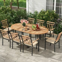 Tangkula 9 Pieces Outdoor Dining Set, Patio Furniture Set with Acacia Wood Top & Umbrella Hole, Metal Frame