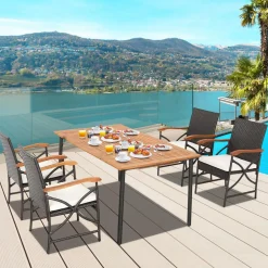 Tangkula 5 Pieces Outdoor Dining Set with Acacia Wood Table & 4 Wicker Rattan Armrest Chairs