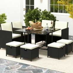 Tangkula 9 Pieces Outdoor Dining Furniture Set, Space-Saving Wicker Rattan Chairs & Tempered Glass Table with Ottomans