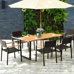 Tangkula 7 Pieces Outdoor Patio Dining Set, Patiojoy Outdoor Conversation Set, Includes Large Acacia Wood Top Table