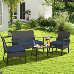 Tangkula 4 Pieces Outdoor Conversation Set, Patio PE Wicker Sofa with Tempered Glass Coffee Table