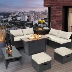 Tangkula 9 Pieces Outdoor Wicker Sectional Sofa with 42" 60,000 BTU Gas Fire Pit Table