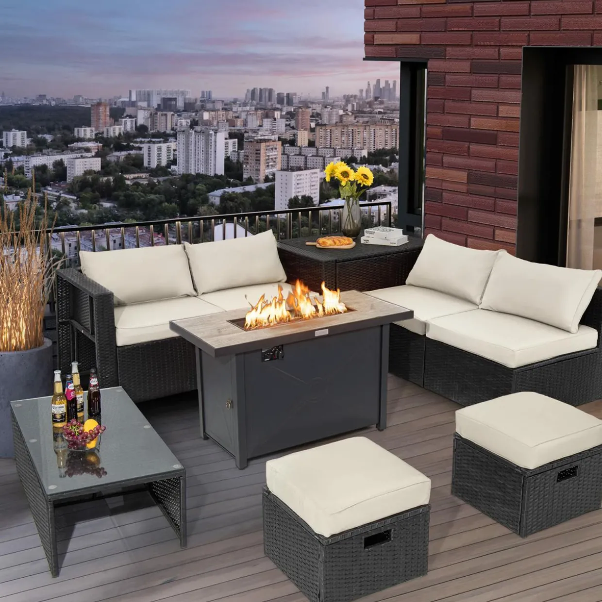 Tangkula 9 Pieces Outdoor Wicker Sectional Sofa with 42" 60,000 BTU Gas Fire Pit Table