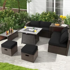 Tangkula 9 Pieces Outdoor Patio Furniture Set with 35-Inch Propane Fire Pit Table