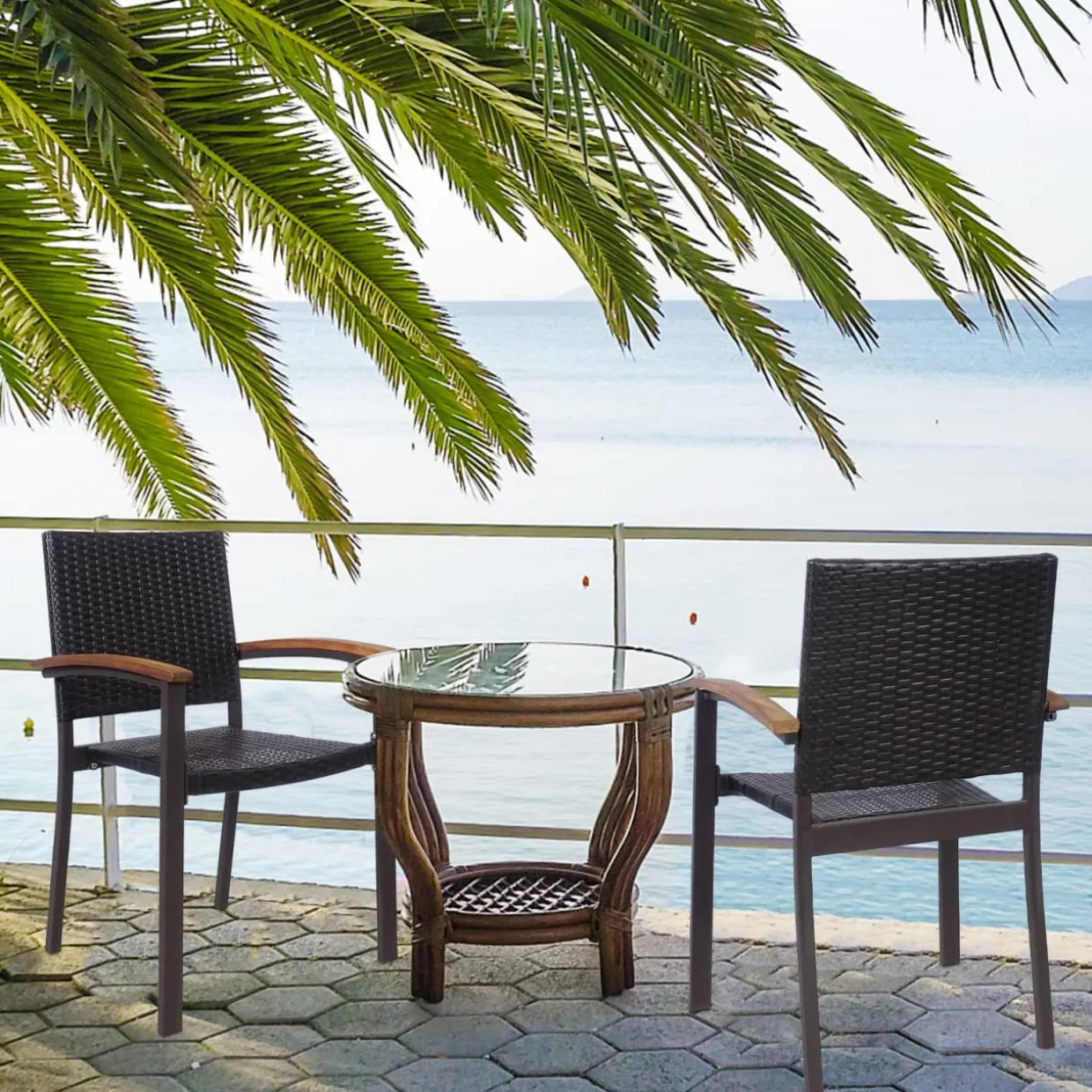 Tangkula 2 Pieces Outdoor PE Wicker Stackable Chairs