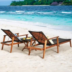 Tangkula 3 Pieces Outdoor Chaise Set, Wicker Rattan Lounge Chair w/Acacia Wood Frame & 4 Adjustable Positions