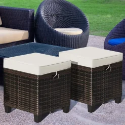 Tangkula 2 Pieces Outdoor Patio Ottoman, All Weather Rattan Wicker Ottoman Seat